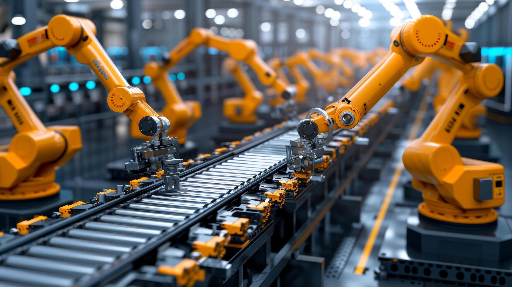 AI generated An assembly line in motion, illustrating the precision and efficiency of modern manufacturing. photo