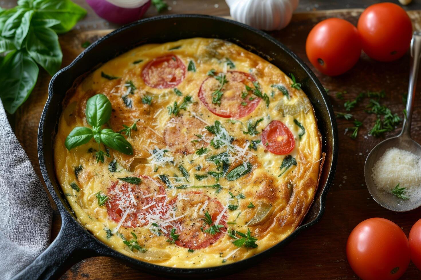 AI generated A rustic frittata with roasted vegetables, herbs, and a sprinkle of Parmesan cheese. photo