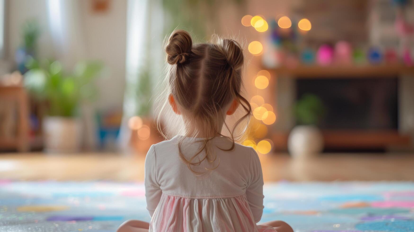 AI generated A little girl counts by bending her fingers. modern room from behind blurred background photo