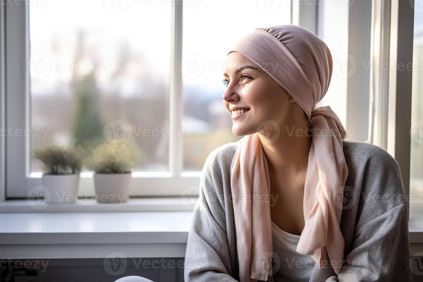 ai generado un joven hermosa mujer en un rosado bufanda foto