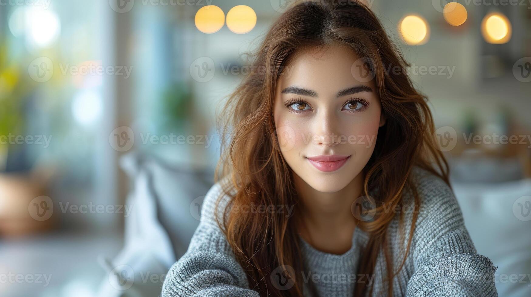 AI Generated An isolated white background depicts a pretty casual girl sitting on a floor with a blank screen laptop computer photo