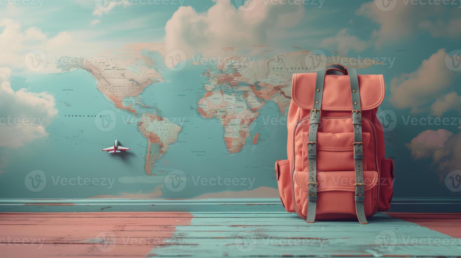 AI Generated A backpack with an airplane on a colorful background. It is a concept for World Tourism Day. photo