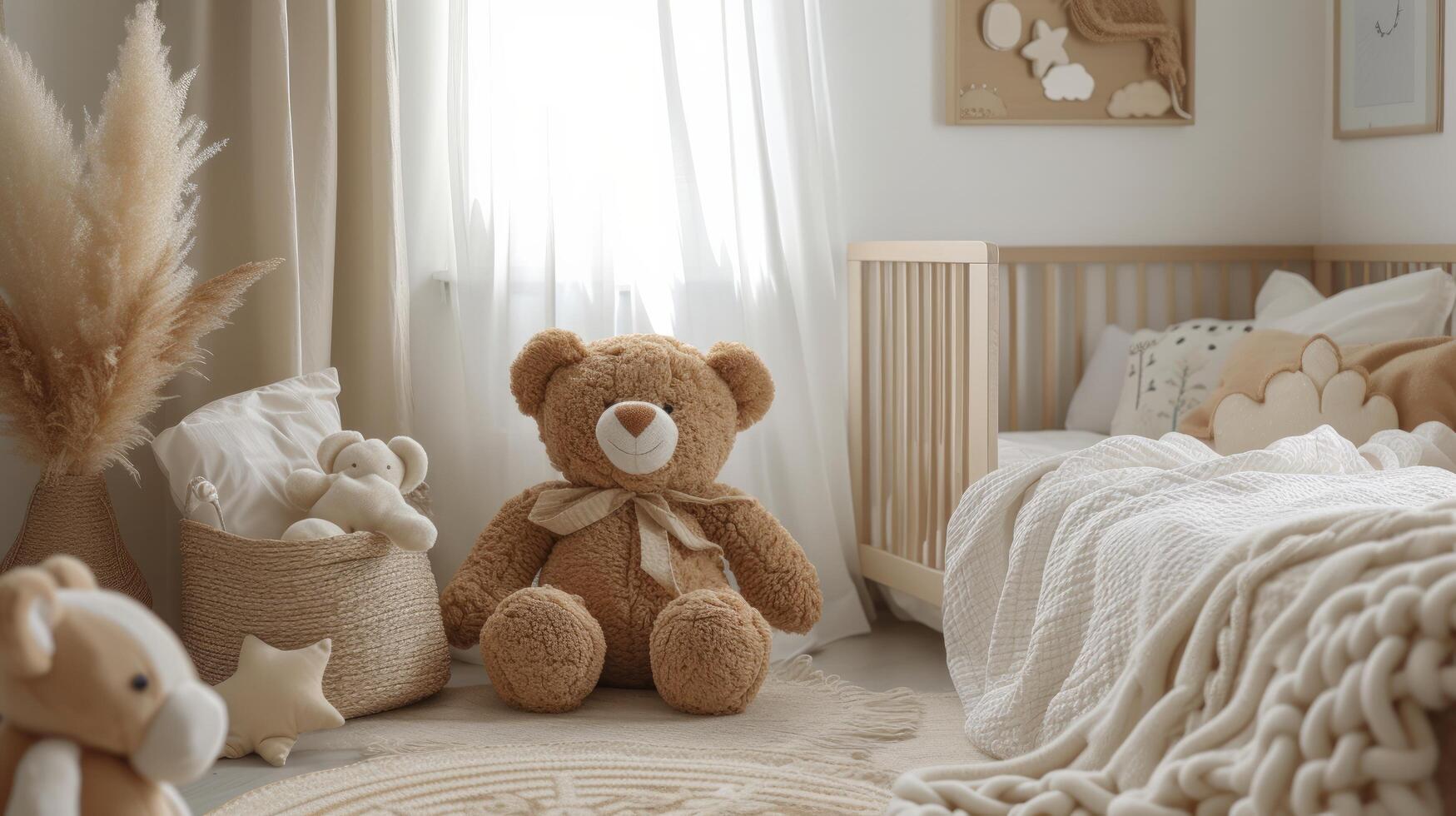 ai generado creando un acogedor para niños habitación con beige suave juguetes desde el textil choza foto