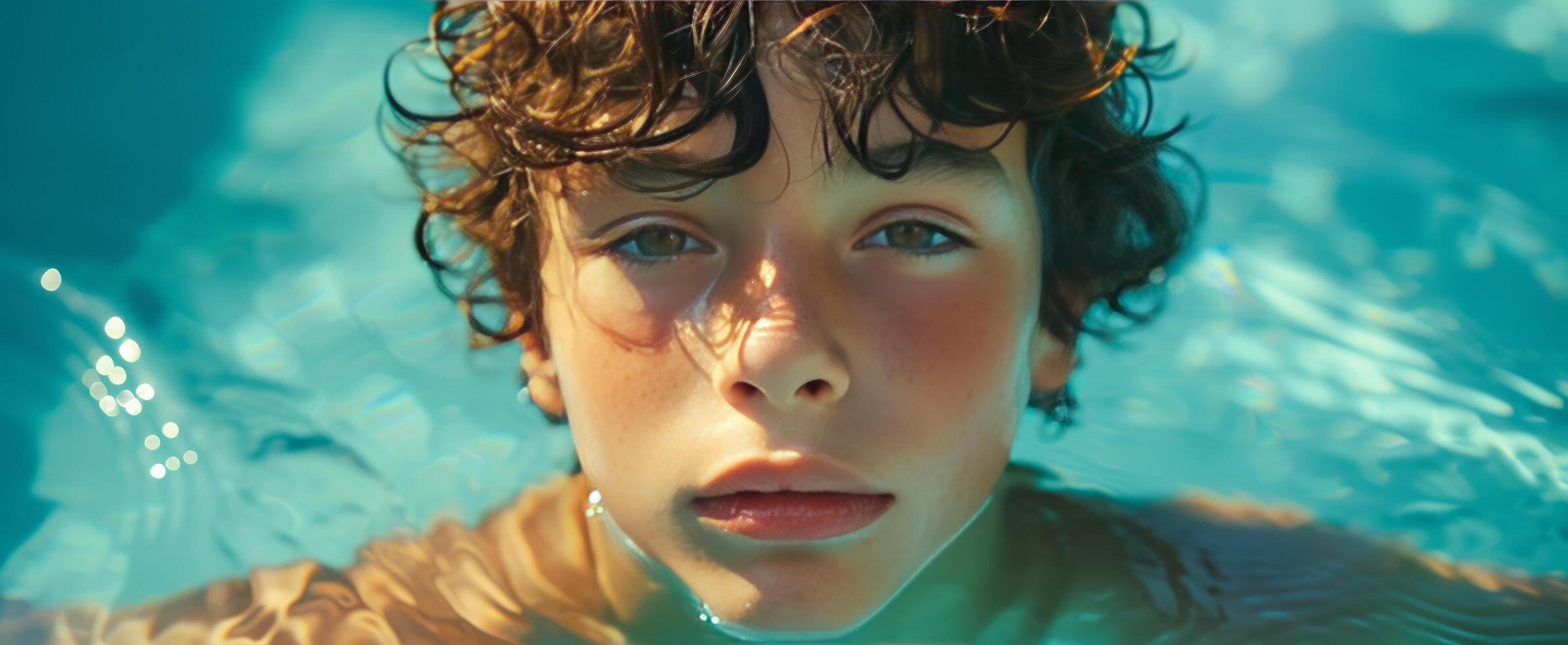 AI generated a young boy with curly hair in a swimming pool photo