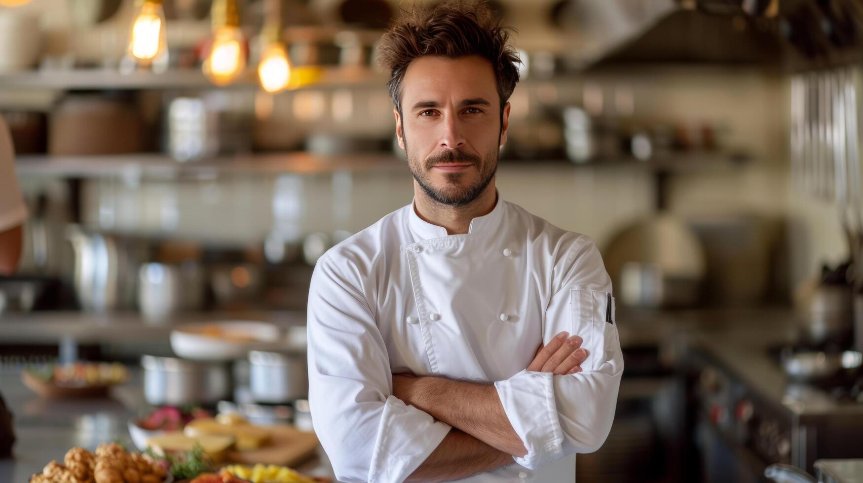 ai generado un adulto hermoso Español cocinero soportes con un cruzado manos y mira a el cámara foto