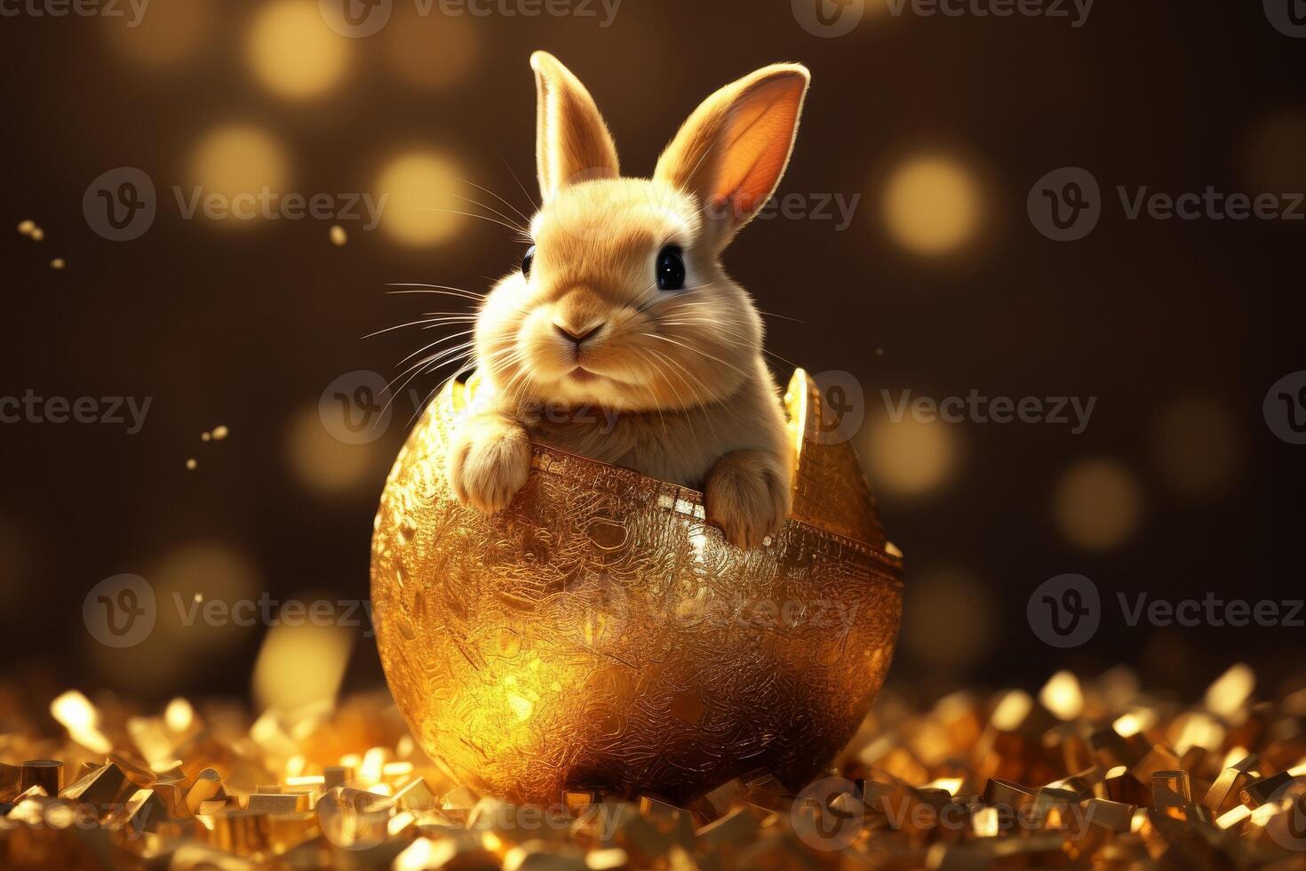 Rabbit Sitting Inside of a Golden Egg photo