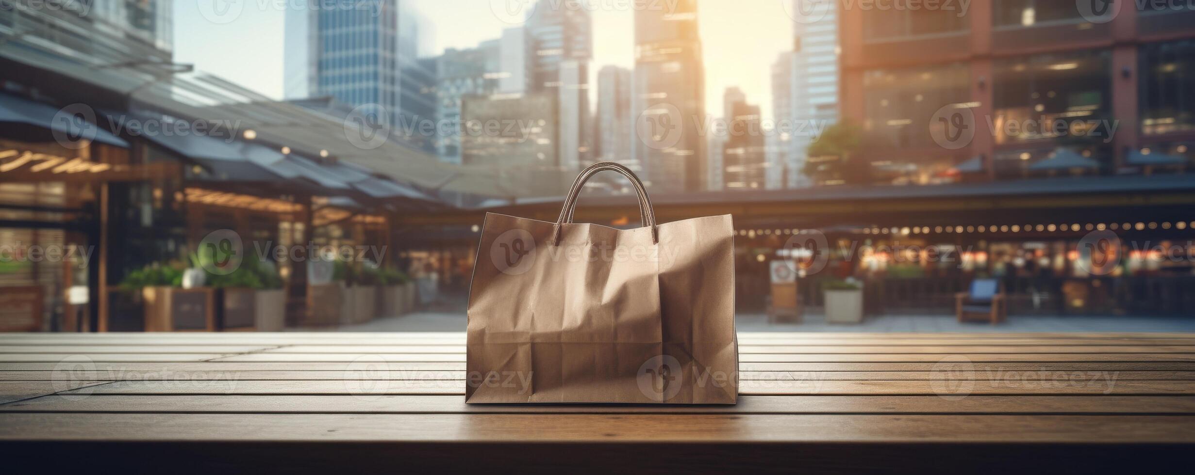 AI generated Brown Paper Bag on Wooden Table photo
