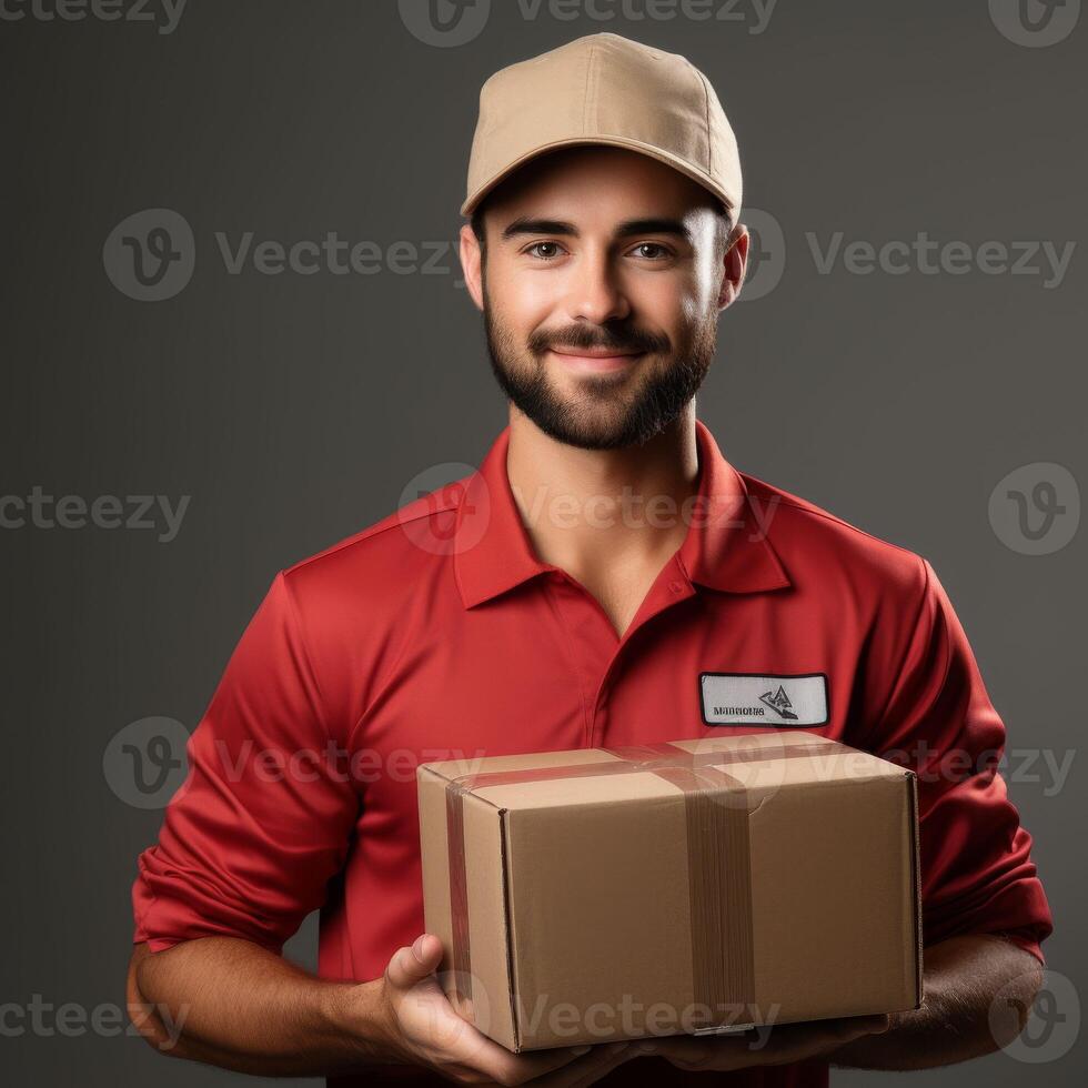Man in Red Shirt Holding Box photo