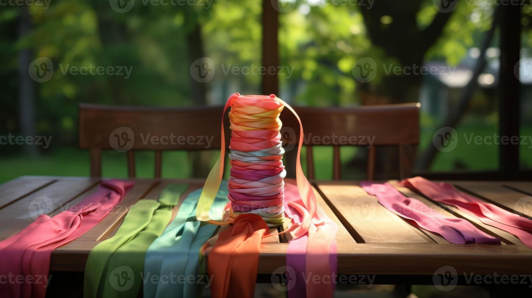 Stack of Ribbons on Wooden Table photo