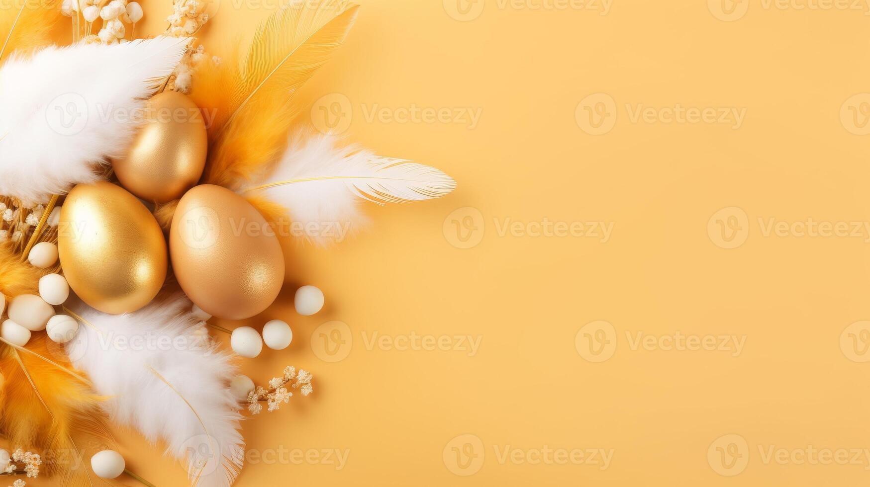 Yellow Background With White Feathers and Gold Eggs photo