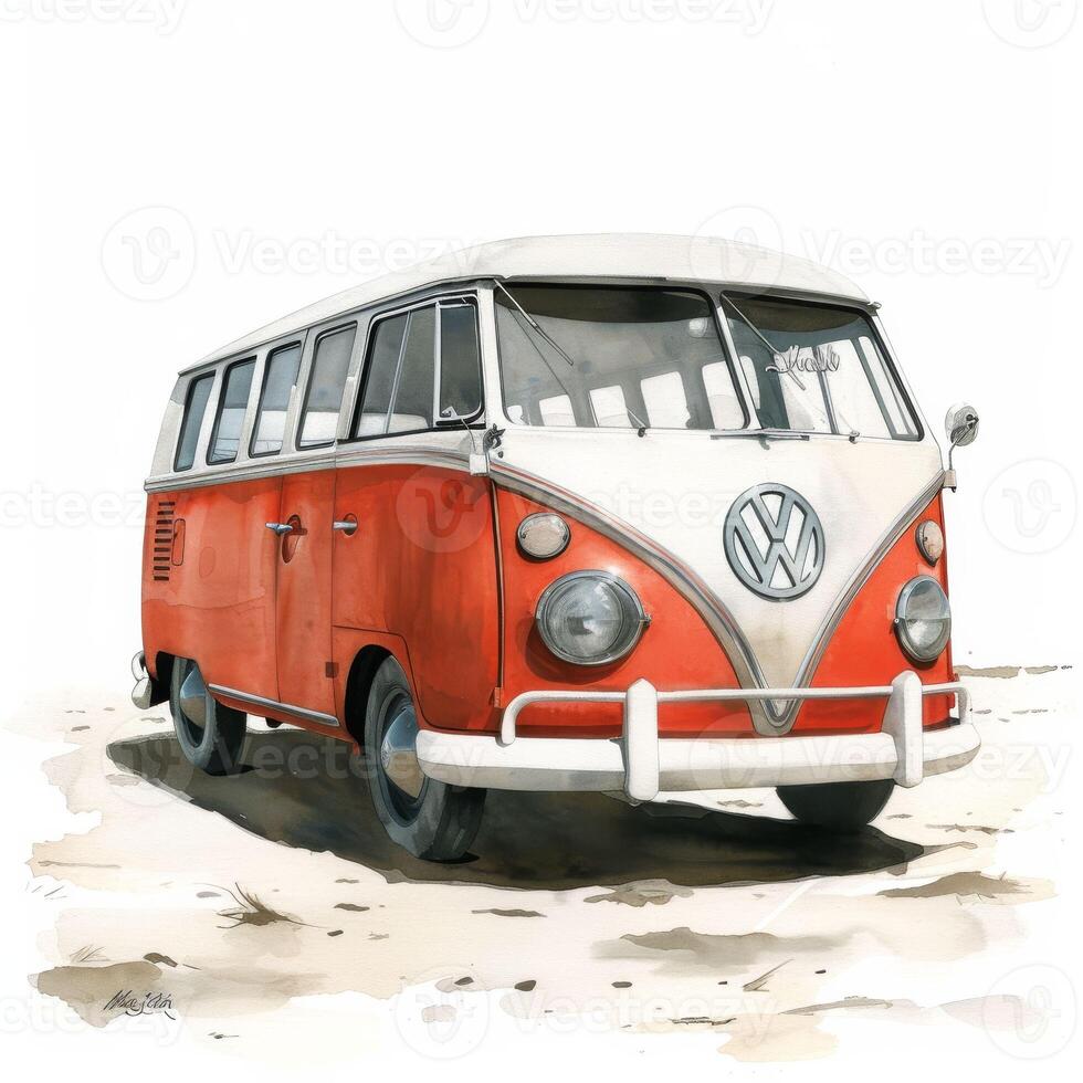 AI generated Orange and White VW Bus Parked on Beach photo