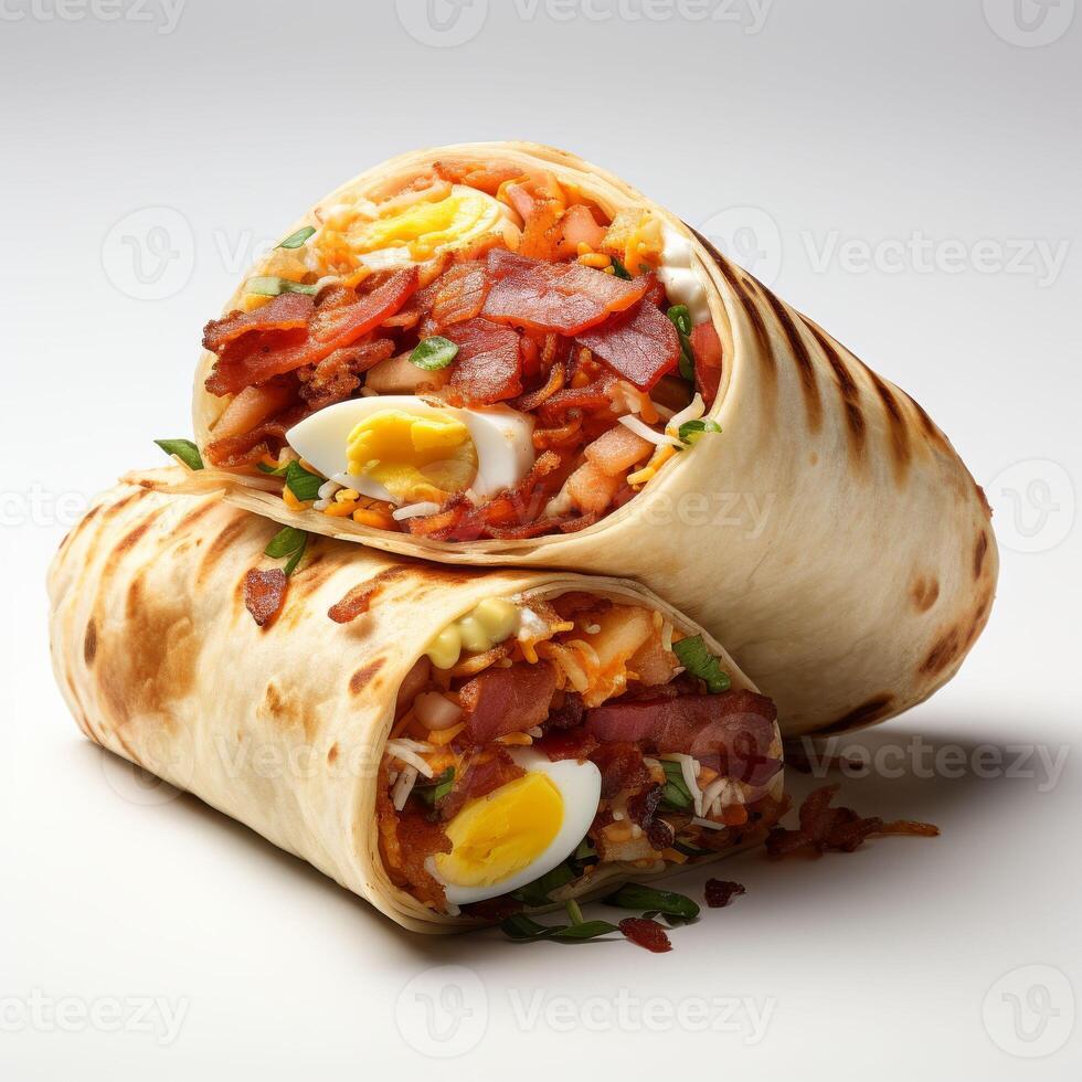 AI generated Two Burritos With Eggs and Bacon on White Background photo