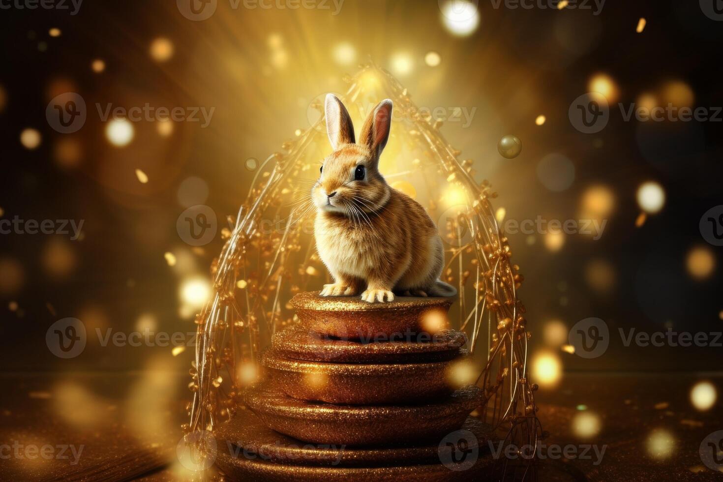 Rabbit Sitting on Pile of Coins photo
