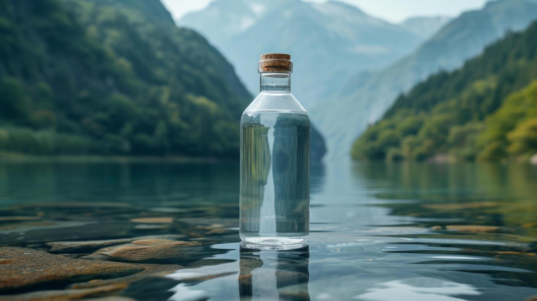 AI generated Describing a Bottle of Pure Water with a Mountainous Backdrop photo