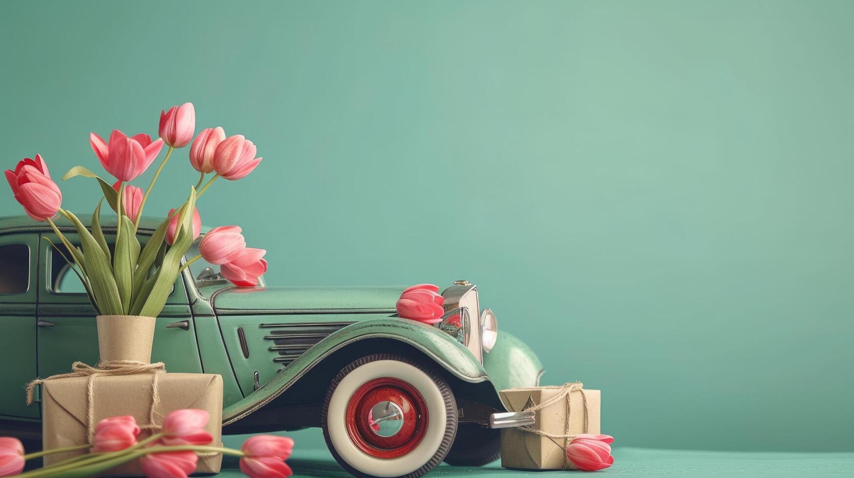 ai generado decorativo Clásico coche con tulipanes y regalos para marzo 8 en un verde antecedentes en un estudio ajuste foto