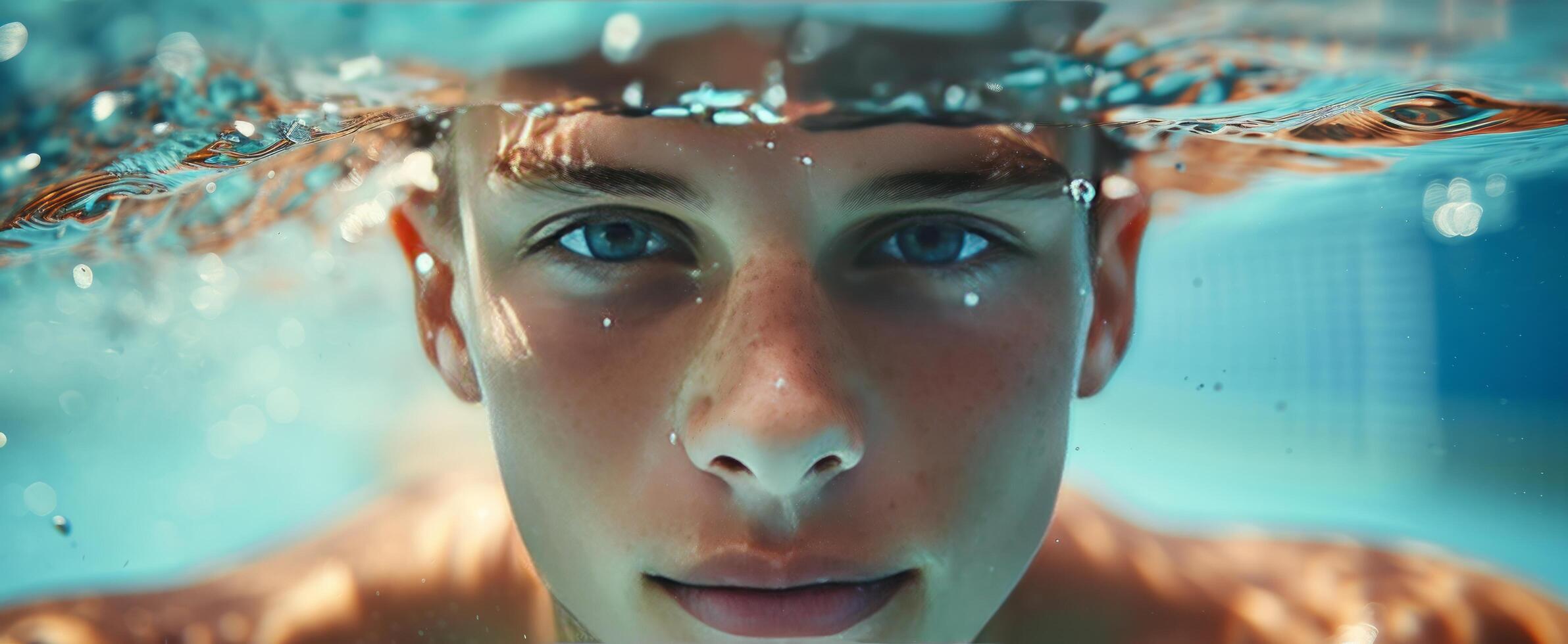 ai generado joven chico en el piscina mirando hacia el cámara foto