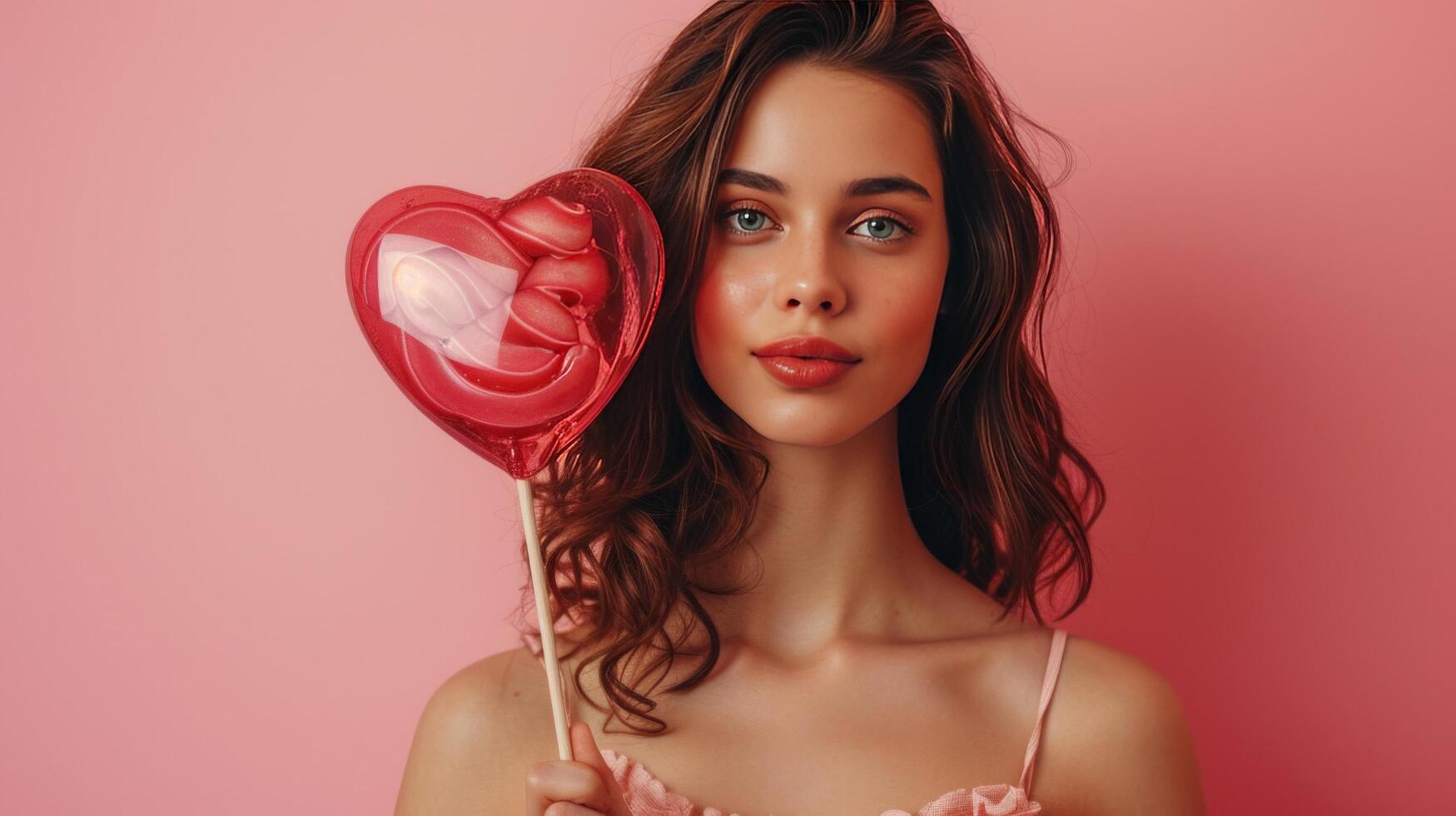 AI generated A beautiful girl stands looking at the camera and holds a large lollipop in the shape of a red heart in her hand photo