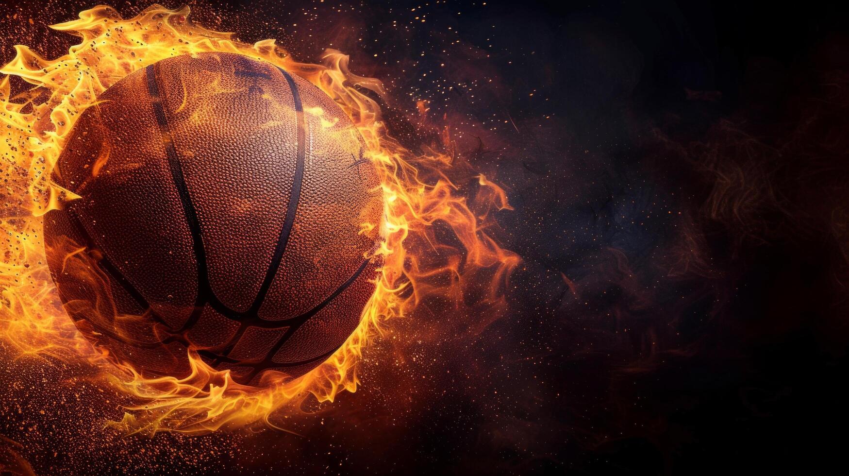 AI generated A basketball ball on fire on a black background on the right photo