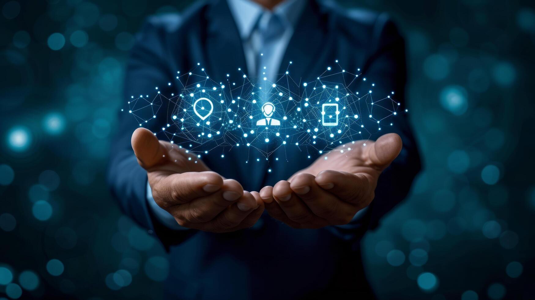 AI generated Abstract dark blue background with a businessman can be seen holding four icons photo
