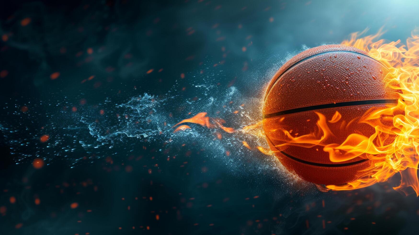 ai generado un baloncesto pelota en fuego en un negro antecedentes en el Derecha foto