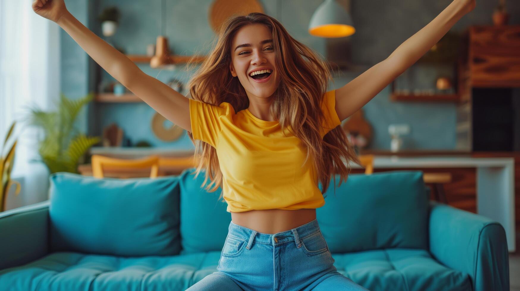 AI generated A beautiful young girl in jeans and a yellow T-shirt dances on the sofa in a modern living room photo