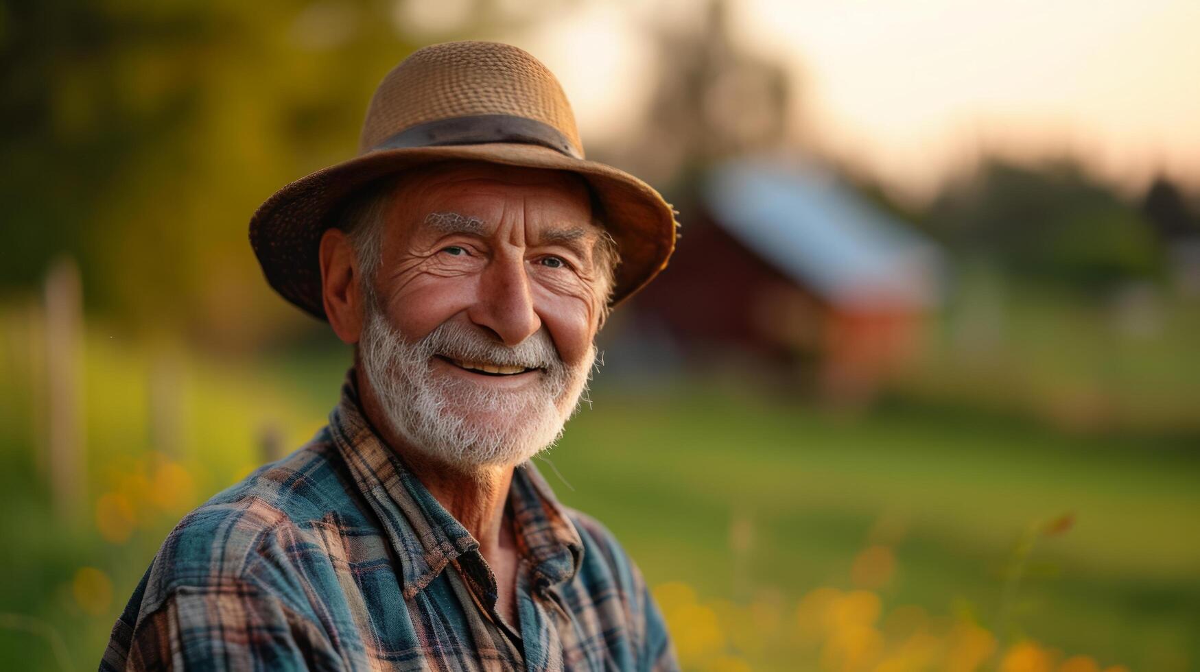 AI generated An old handsome farmer smiles and looks at the camera photo