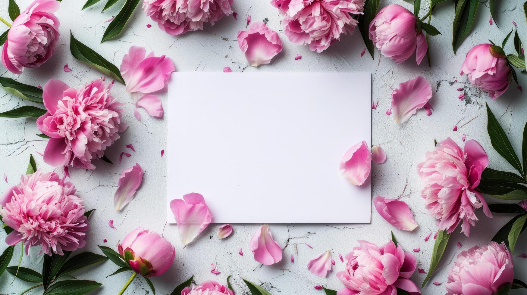 AI generated Blank white sheet. Around it is a frame of pink peonies. Minimalistic bright background photo