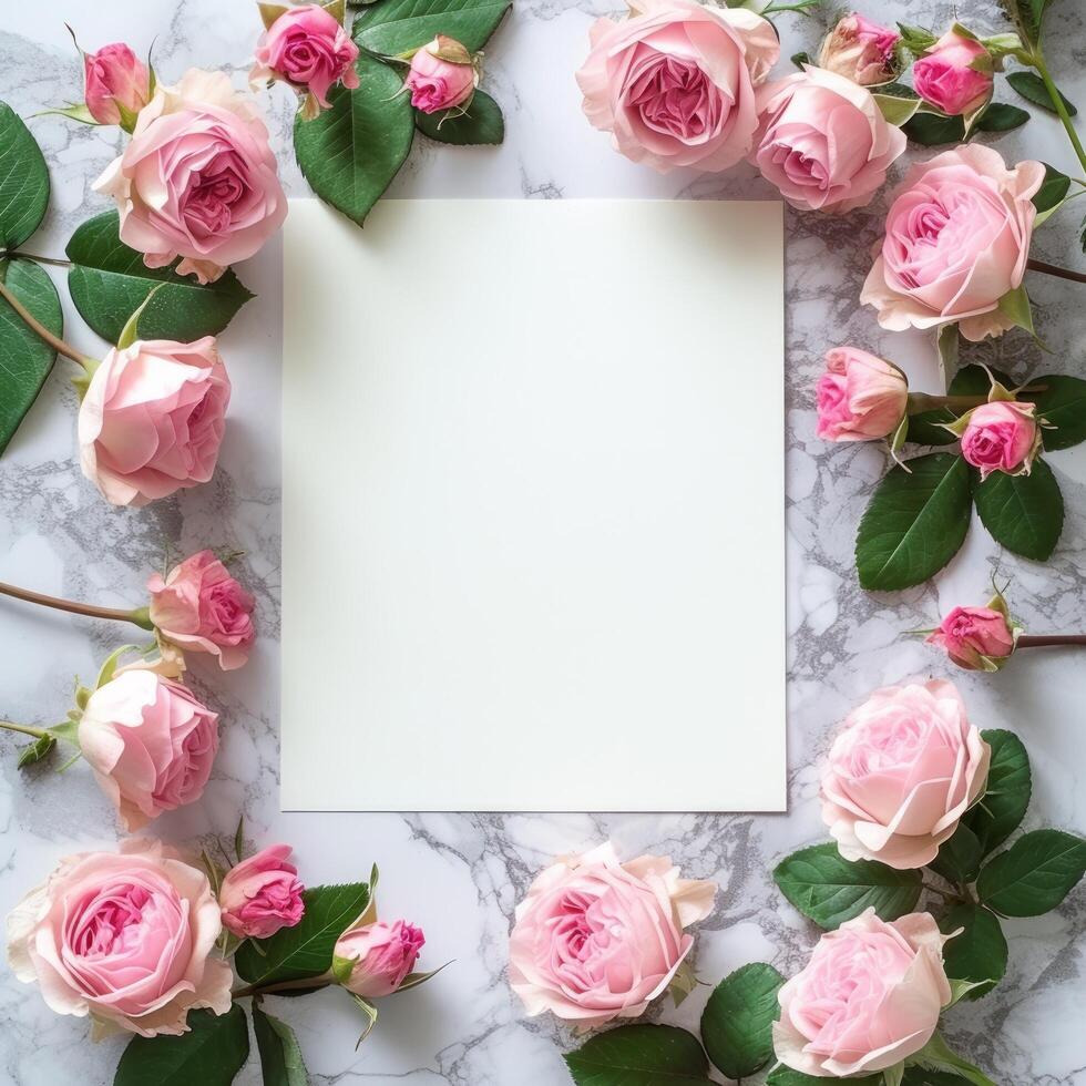 AI generated Blank white sheet. Around it is a frame of pink peonies. Minimalistic bright background photo