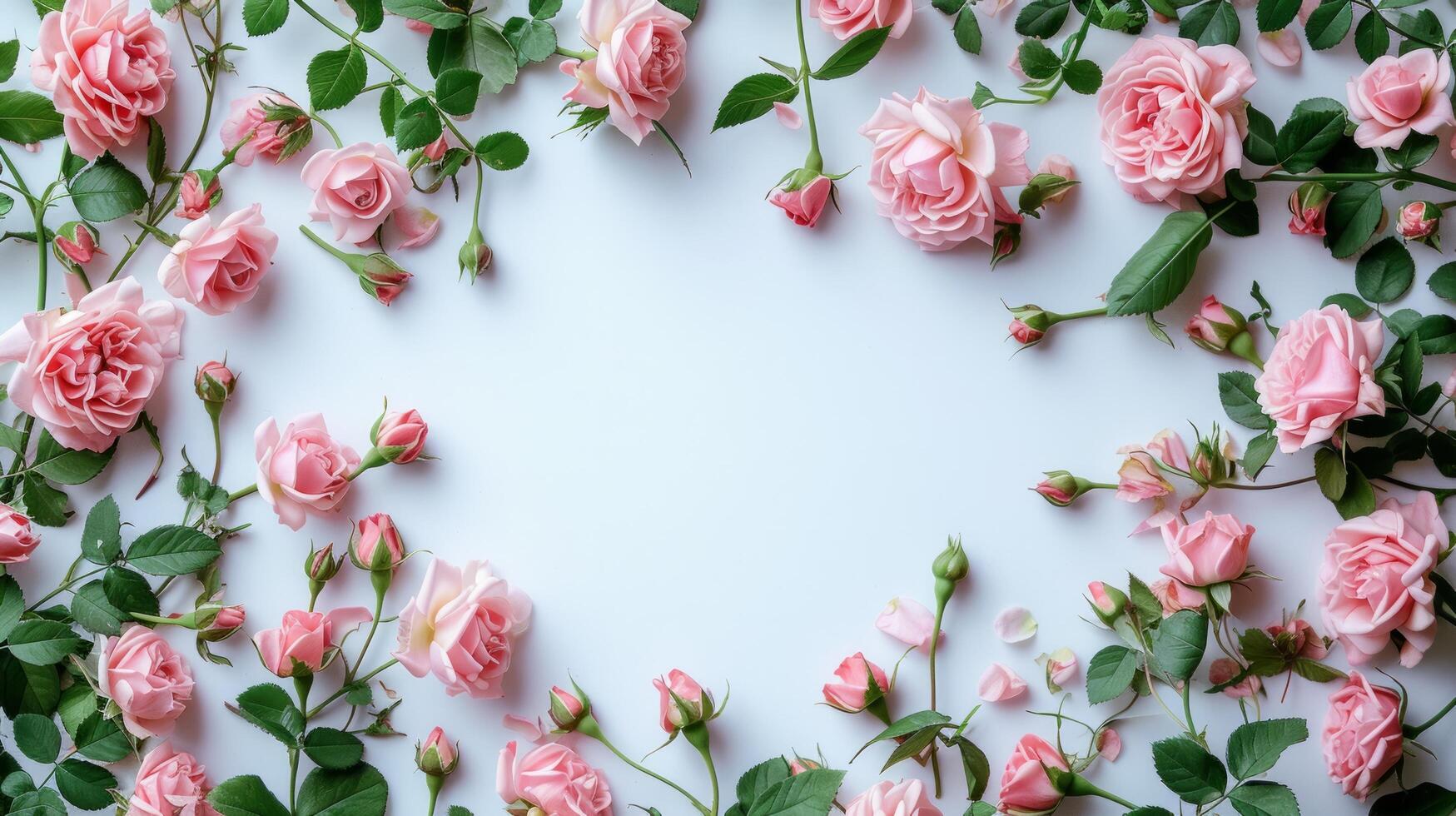 AI generated Blank white sheet. Around it is a frame of pink peonies. Minimalistic bright background photo