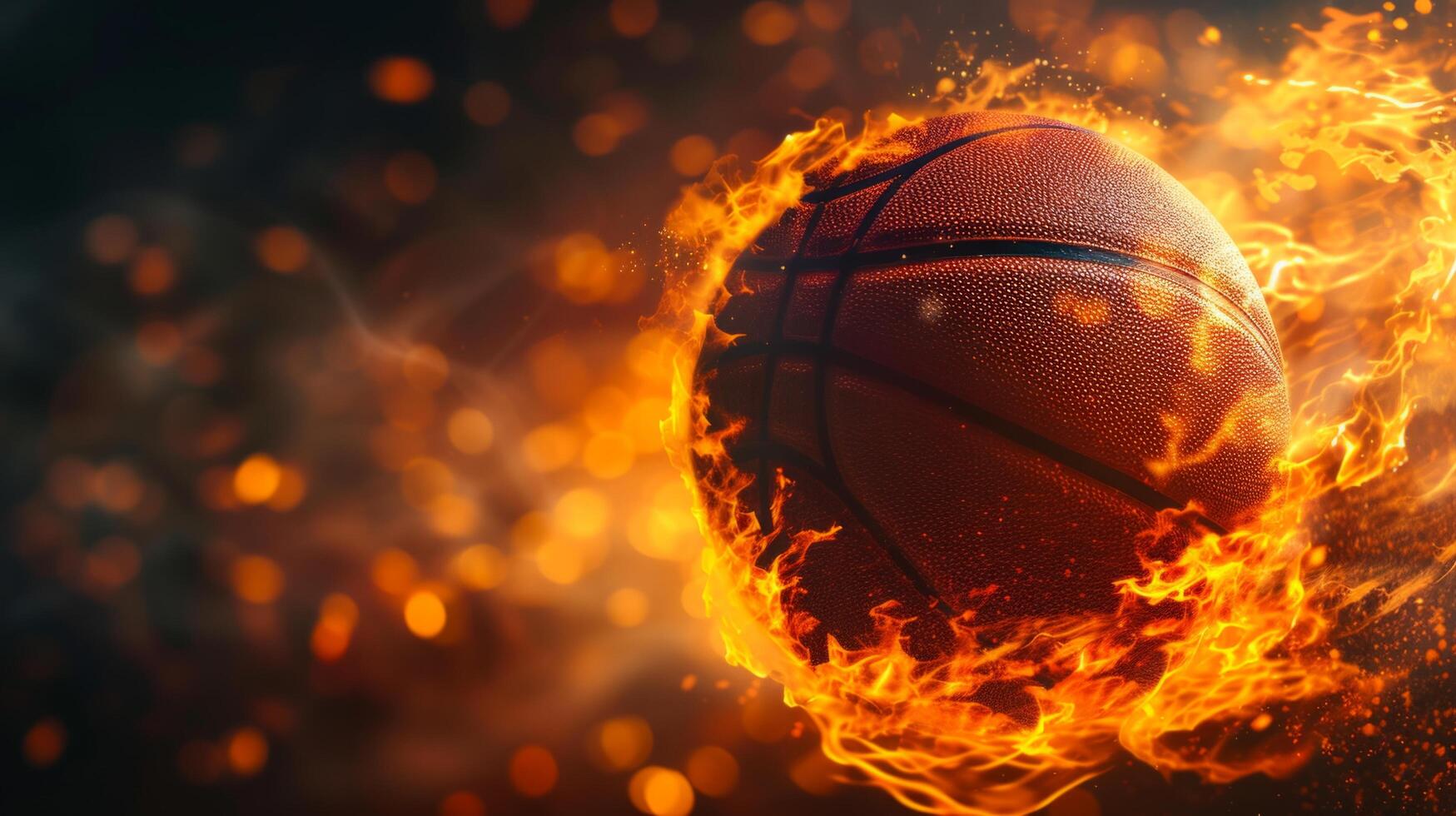 AI generated A basketball ball on fire on a black background on the right photo