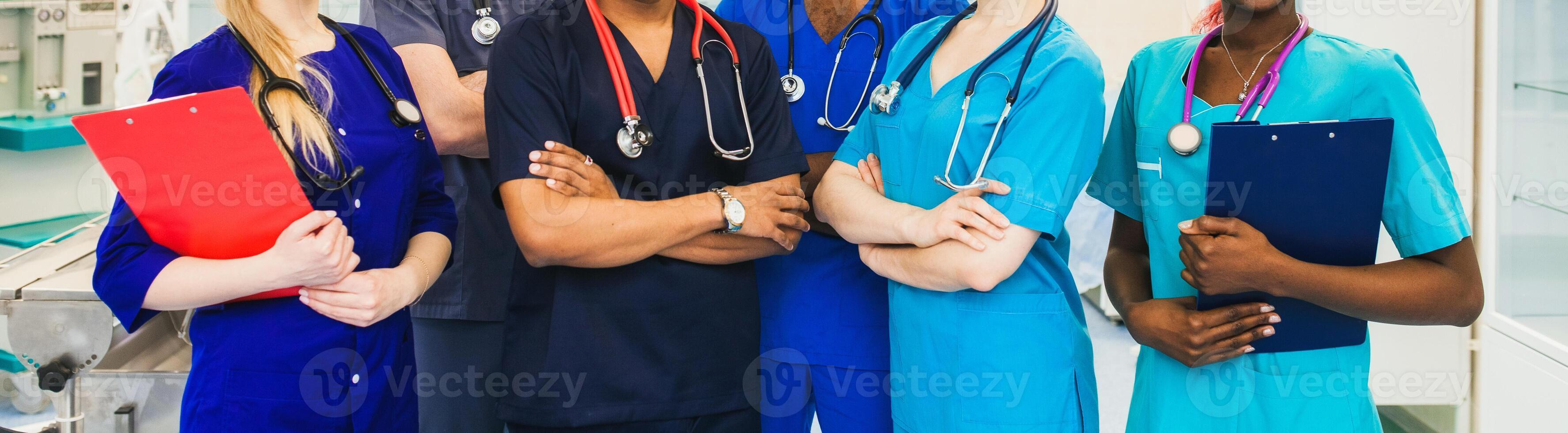 medicine professionals staff. people - doctor, nurse and surgeon. a group of faceless doctors. medical advertisement design. background wide promotional banner photo