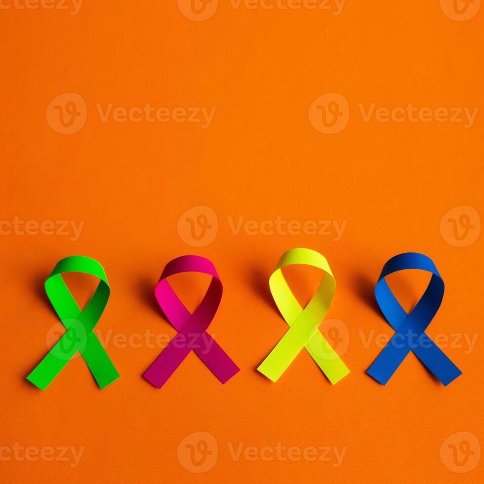 mundo cáncer día antecedentes. vistoso cintas, cáncer conciencia. en un naranja antecedentes foto