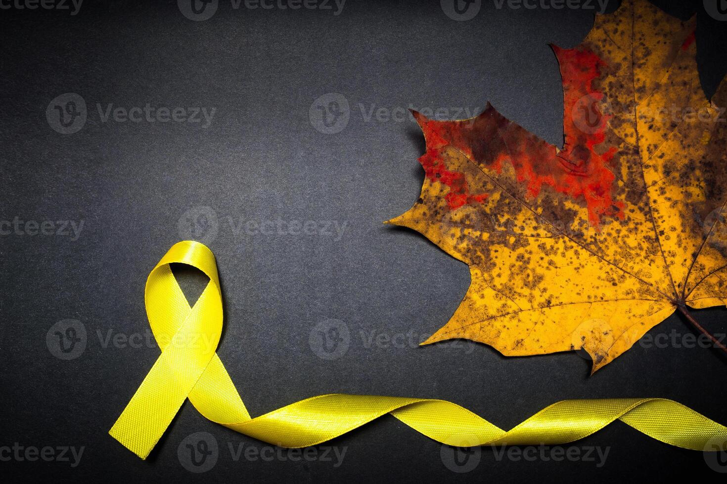 childhood cancer awareness day. Yellow ribbon on black background. photo