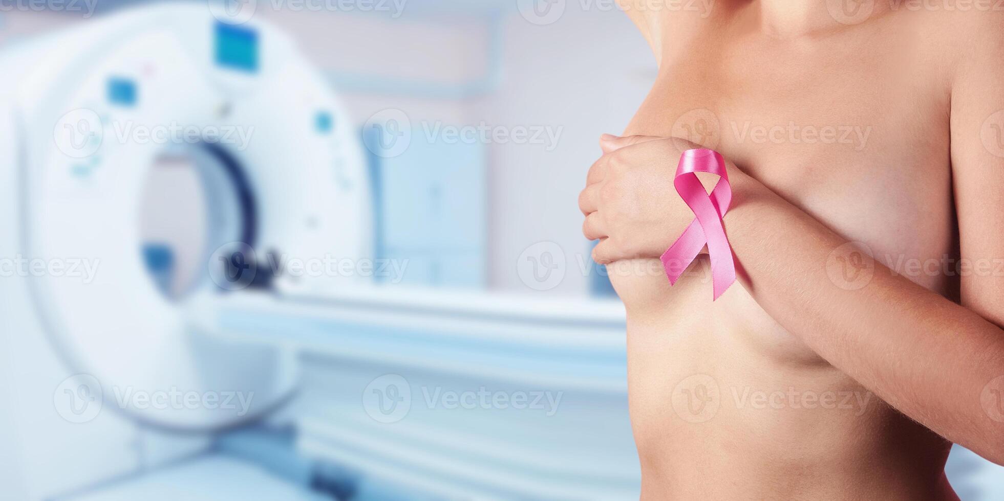 Female patient undergoing mammography test in hospital. Breast Cancer prevention concept photo