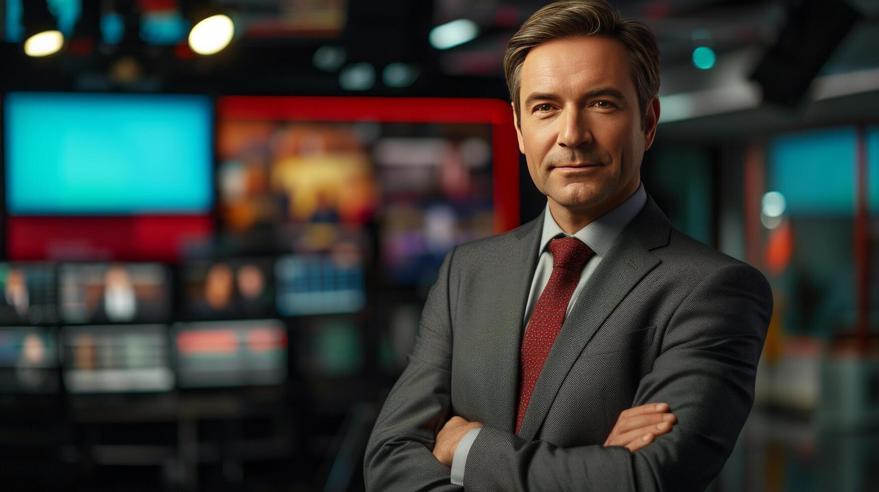 AI generated An adult, confident male news anchor tells the news on a federal channel photo