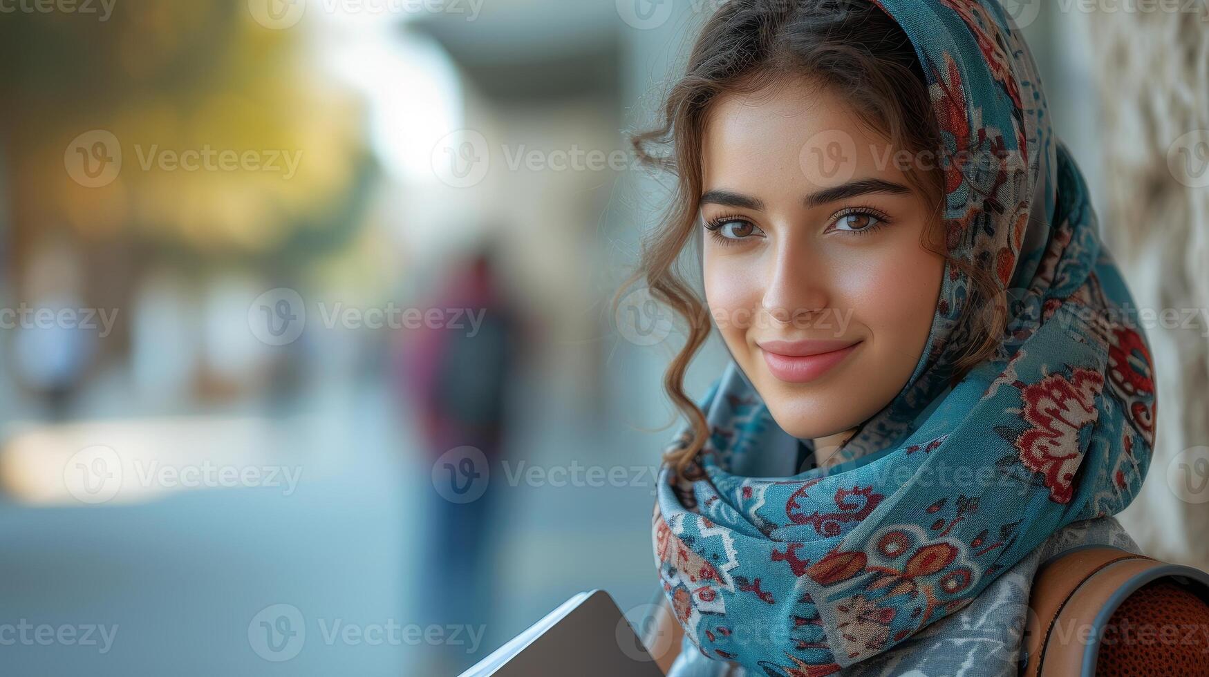 AI Generated The image of a cheerful Arab female student holding her smartphone and workbooks standing outdoors, while a happy young Middle Eastern woman walks in the city after classes and looks away photo