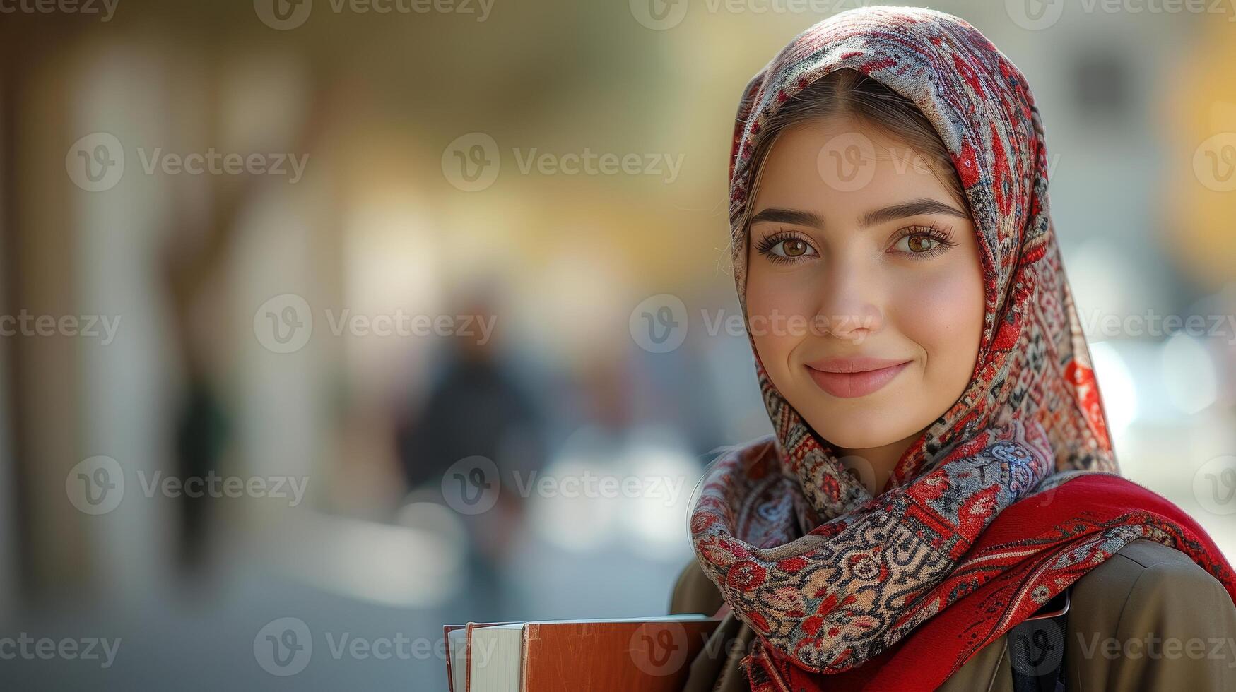 ai generado contento árabe hembra estudiante con teléfono inteligente, libros de trabajo y un sonrisa en pie fuera de en el ciudad después Universidad clases foto