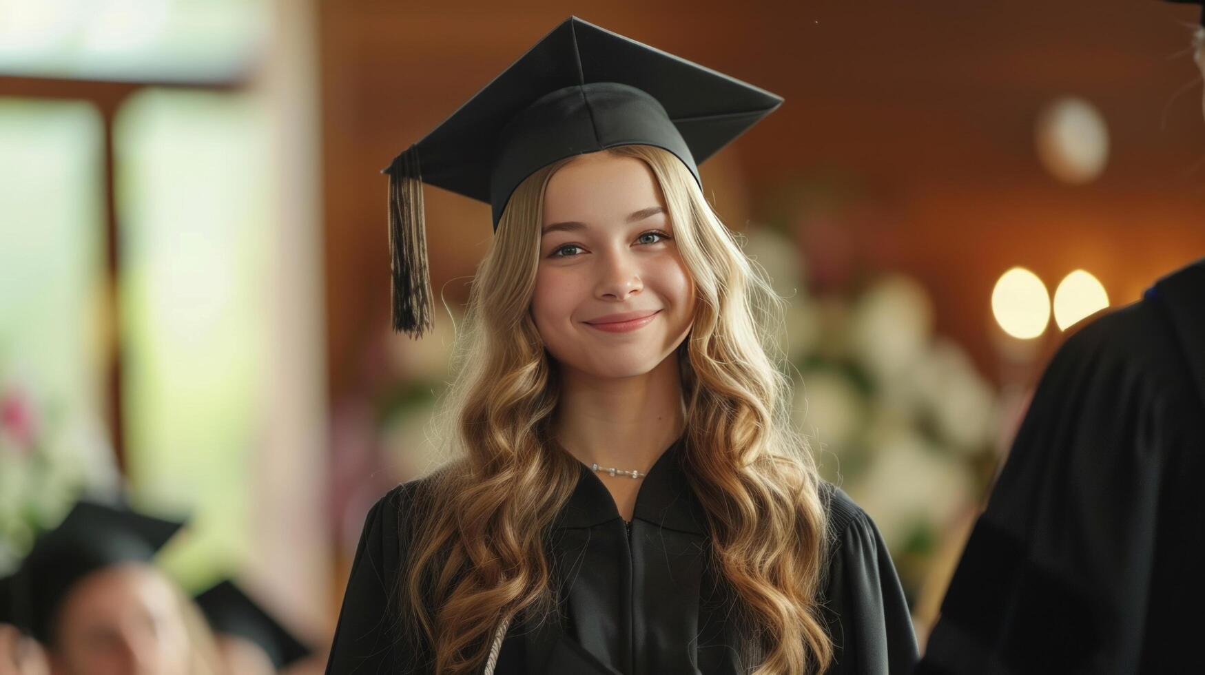 AI generated Beautiful young woman in a graduate cap receives a diploma from the hands photo