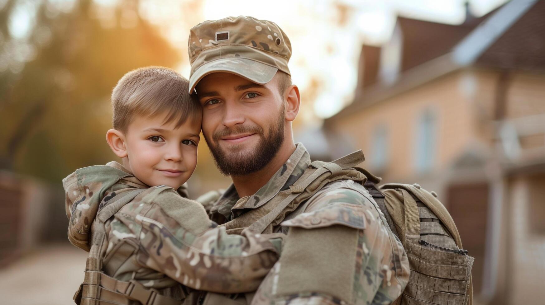 AI generated American smiling young handsome soldier holding a boy in his arms photo