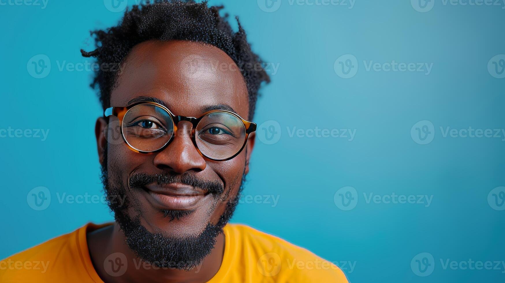 AI Generated A happy biracial male client, wearing casual clothing and glasses, looks at the camera excitedly with his mobile device, isolated on a blue studio background. photo