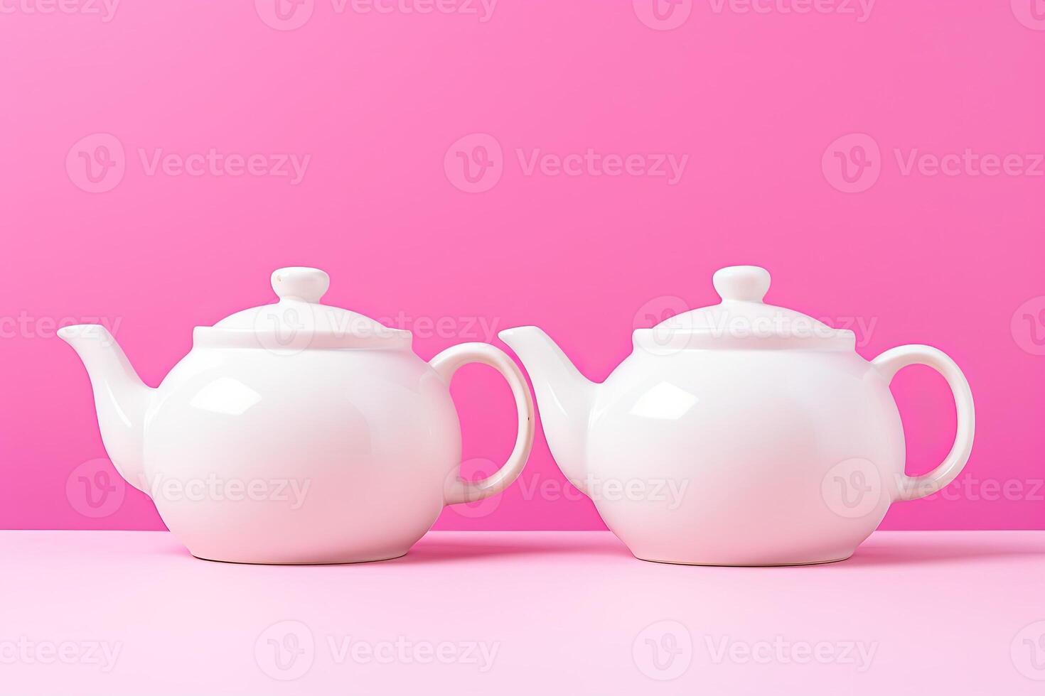 AI Generated Two white porcelain teapots lying on a pink background. photo