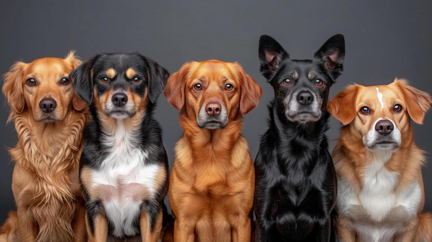 ai generado cinco perros sentar en un fila y Mira a el cámara foto