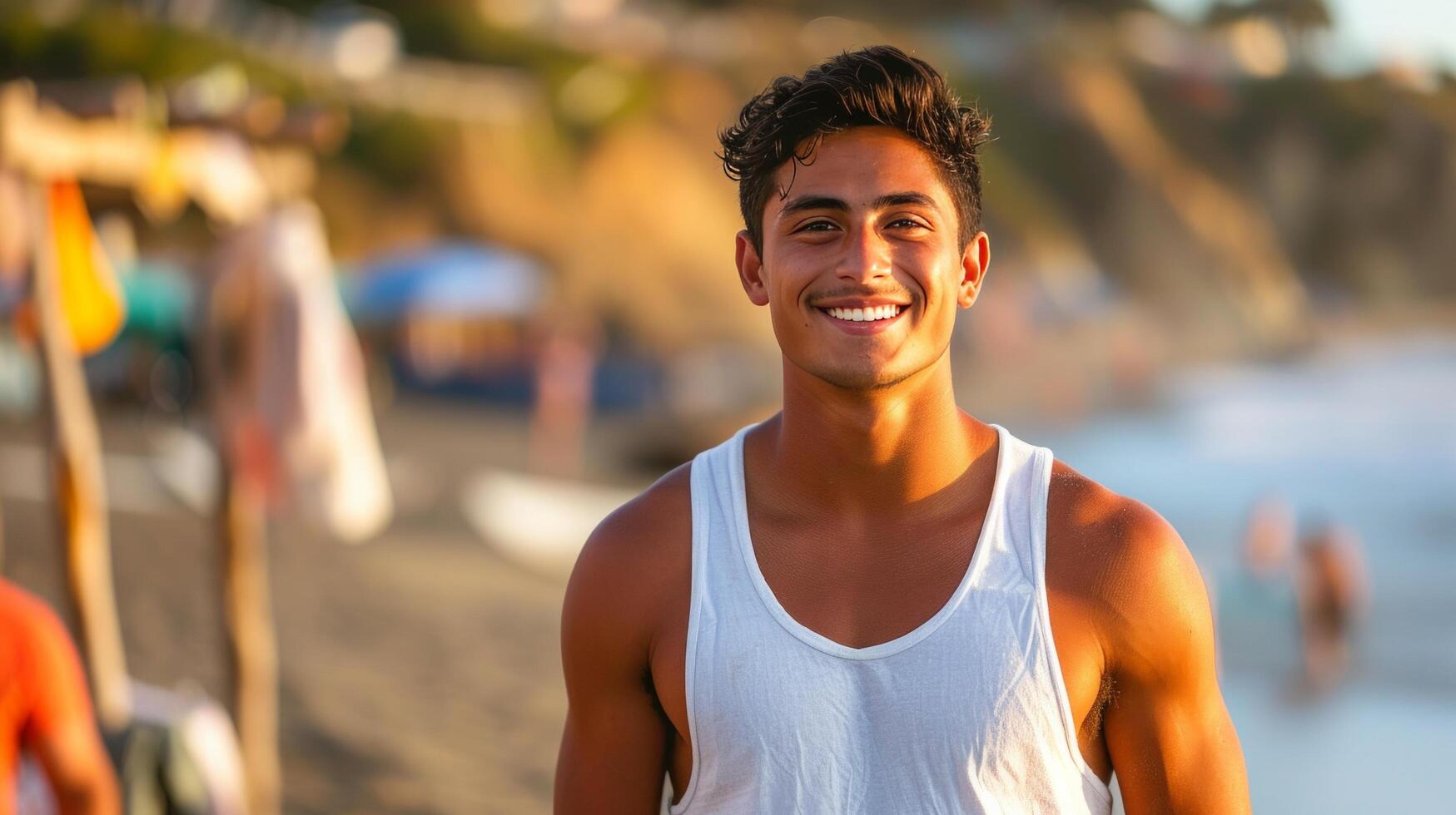 AI generated Young handsome hispanic man in short denim shorts and a white sleeveless tank top standing smiling photo