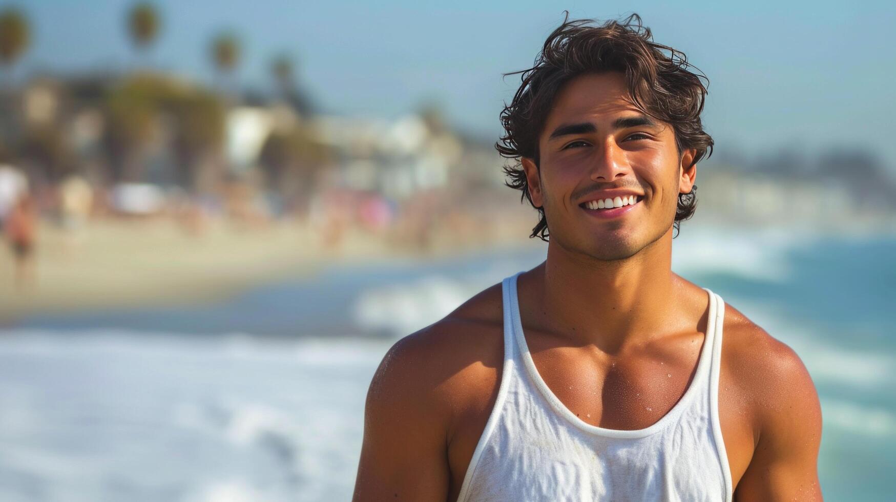 AI generated Young handsome hispanic man in short denim shorts and a white sleeveless tank top standing smiling photo