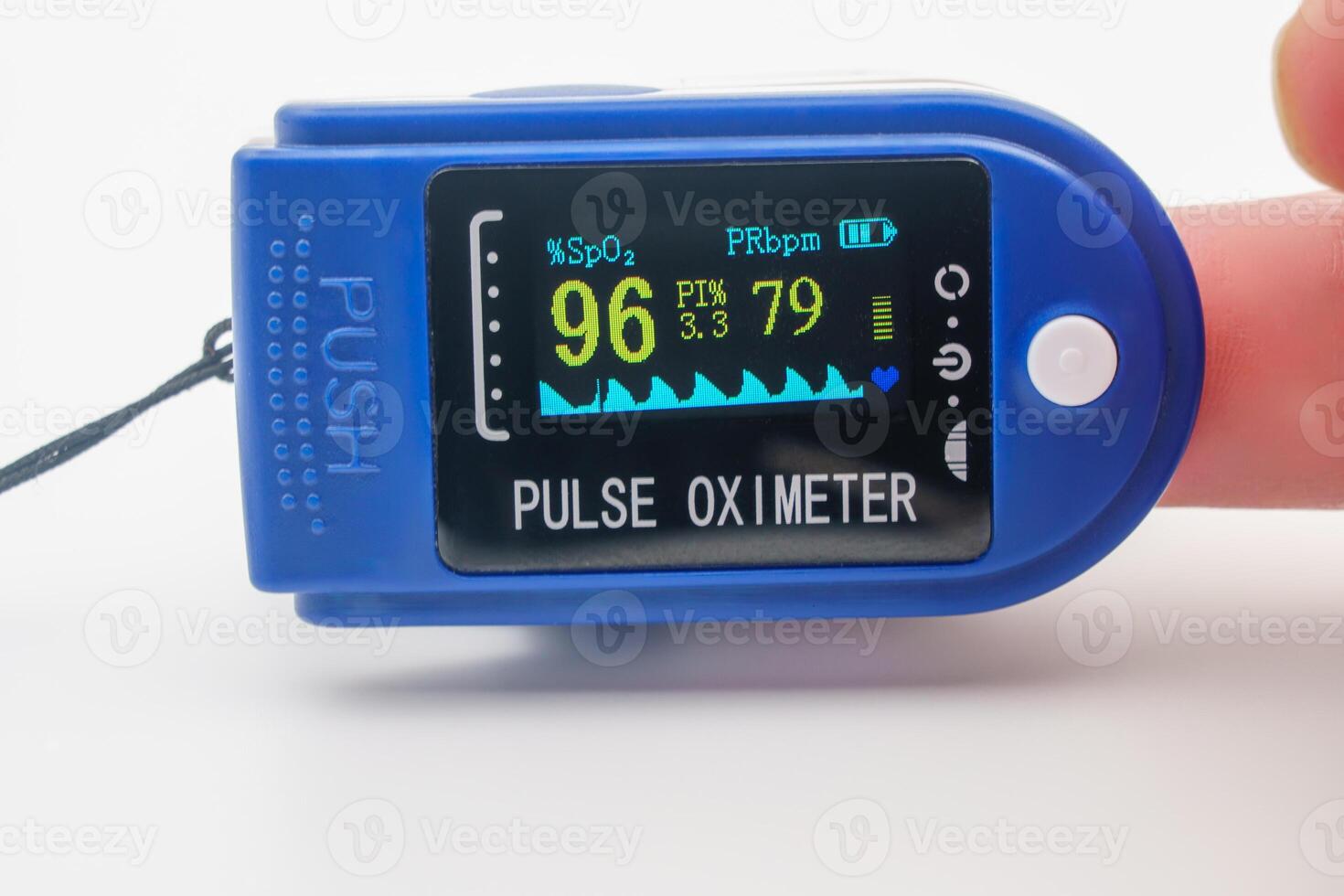 Medical pulse oximeter with an LCD. Assessment of blood oxygen saturation SpO2. COVID-19 Medical monitoring device pandemic. Heart and pulse rate, crucial in patient health monitoring, emergencies. photo