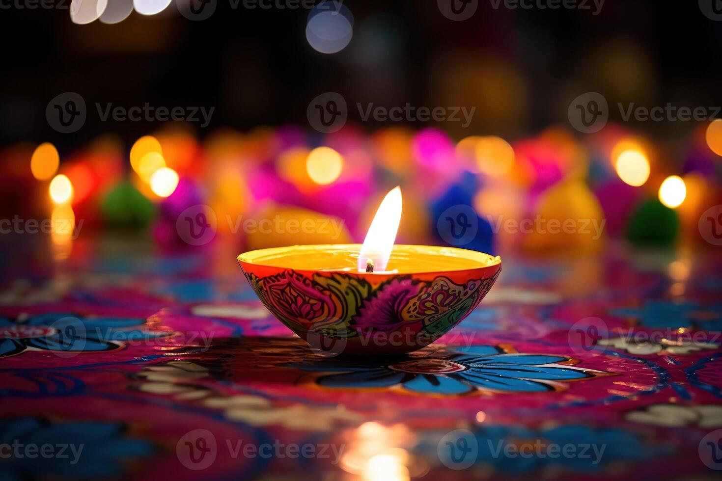 AI Generated Colorful clay diya lamps lit during diwali celebration photo