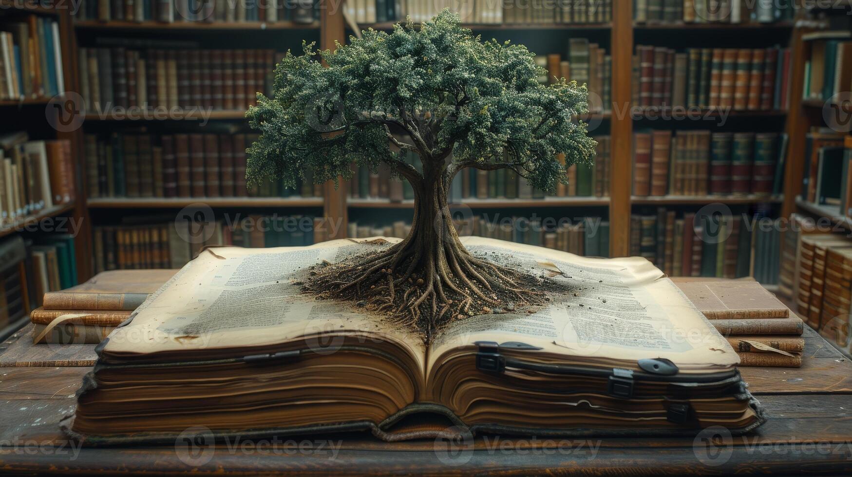 AI Generated An illustration of world philosophy day education concept with tree of knowledge planting in a library with an old book, stacks of texts archived, and aisles of bookshelves in a school's photo