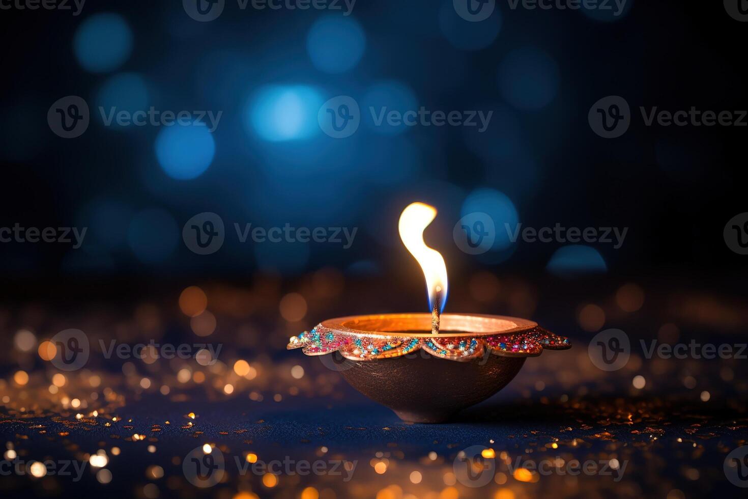AI Generated Colorful Diya lamps lit during Diwali celebration photo