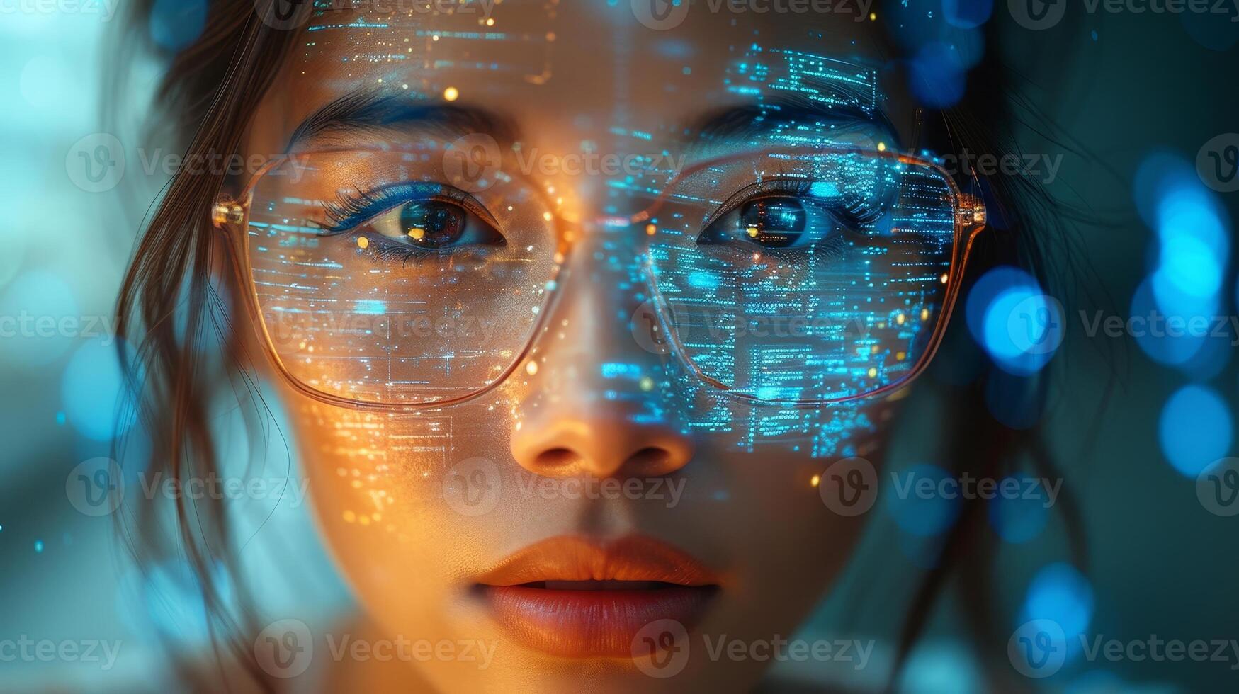 ai generado en el fondo, un codificación holograma y un mujer trabajando en su tableta, pensando acerca de datos analítica, digital tecnología, y noche cubrir. en el fondo, un programador o eso persona foto