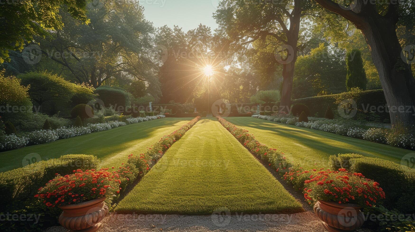 AI Generated The garden is in a French style with plants trimmed up in classic forms. It is photographed with select focus and on a high quality camera. photo